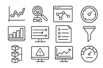 Network Monitoring Icons. Line style icons of network traffic monitoring: traffic graph icon, packet sniffing icon, protocol