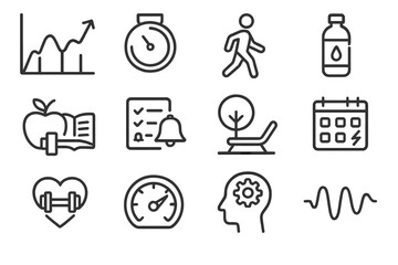 Energy Management Icons. Line style icons of energy management: energy peaks chart, rest timer icon, midday walk icon, hydration