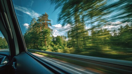 View from car window of blurred green trees and blue sky during a fast drive