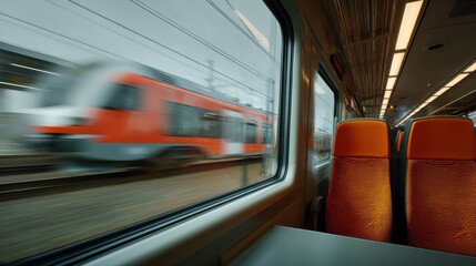View from train window of passing orange and grey train with motion blur