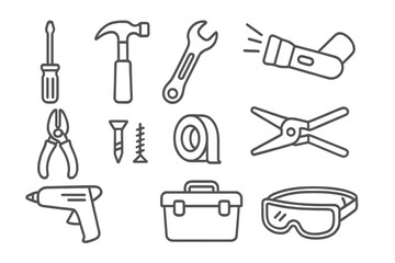 Fototapeta premium Home Repair Icons. Line style icons of basic home repair tools: screwdriver icon, hammer icon, wrench icon, tape measure, pliers