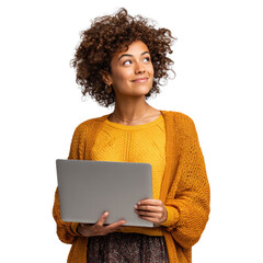 Smiling Sub-Saharan African Woman with Laptop on White Background
