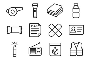 Emergency Kit Icons. Line style icons of emergency items: whistle icon, flashlight icon, emergency blanket, water bottle, basic