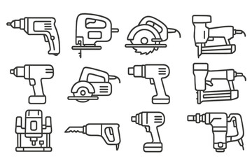 Power Tools Icons. Line style icons of power tools: electric drill, jigsaw tool, circular saw, belt sander, power wrench, angle