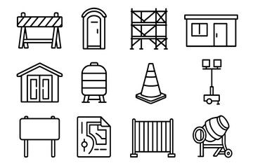 Construction Site Essentials Icons. Line style icons of site setup essentials: construction site barrier, portable toilet,