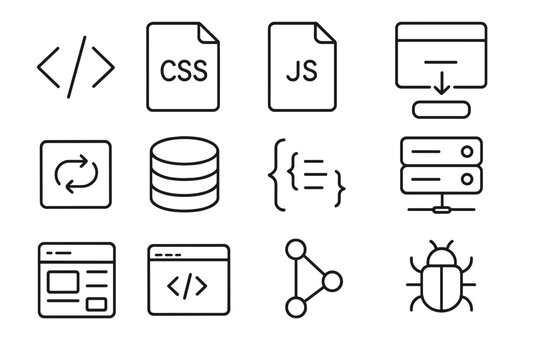 Web Development Icons. Line style icons of web development: HTML tag, CSS icon, JavaScript icon, server response, REST API icon,