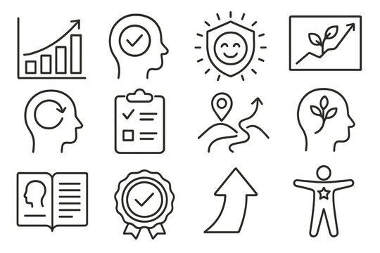 Mental Health Icons. Line style icons of mental health progress: progress chart icon, healing milestone, therapy success badge,