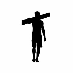 Silhouette of construction worker balancing roofing sheet on shoulder isolated on white background