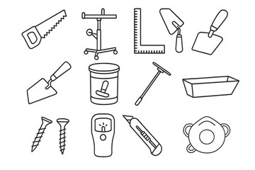 Obraz premium Drywall Tools Icons. Line style icons of drywall installation tools: drywall saw, drywall lift, T-square icon, taping knife,