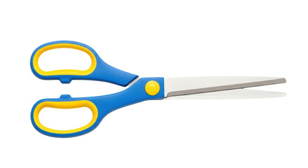 Isolated blue-and-yellow scissors on a clean, bright surface, ready to cut and craft