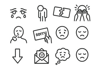 Regretful Icons Collection. Line style icons of disappointment and regret: tearful eyes, slumped shoulders, broken item icon, head