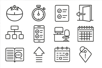Workplace Productivity Icons. Line style icons of workplace productivity: pomodoro timer, time tracker, to-do list, quiet room,
