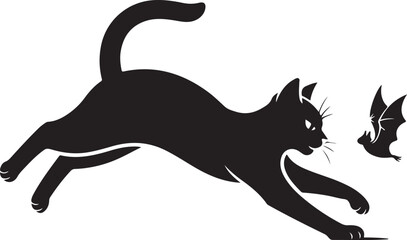 Black silhouette of cat playing with bat, white background.