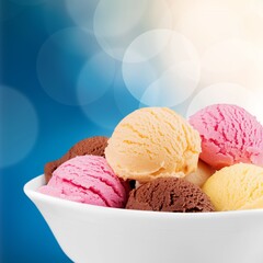Mixed flavor sweet ice cream scoops on color background
