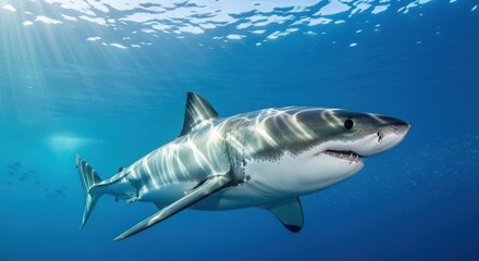 Naklejka premium Magnificent Great White Shark Swimming Gracefully Underwater
