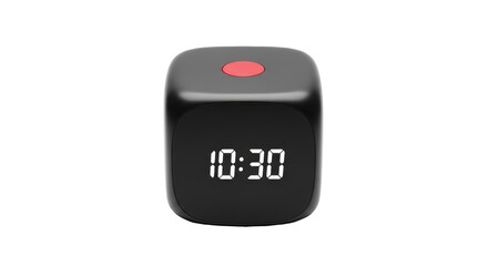 Isolated black digital clock with red button showing 10 30 time display in studio light