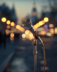 Vintage Microphone on Stand with Bokeh City Lights Background