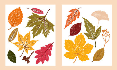Set of Hand drawn linocut style posters with autumn leaves. Grunge illustration of different fall leaves. Vector background