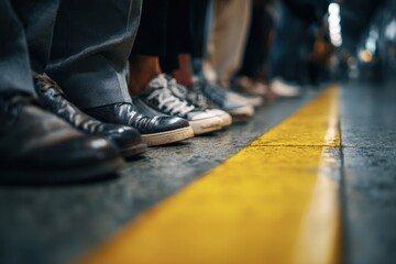 Waiting on the Platform: Feet Behind the Yellow Line at a Subway Station