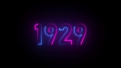 Neon numbers 1929 glowing in blue and pink on a black background year