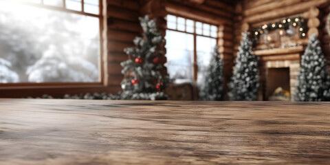 Holiday minimal concept. Long wooden table in log cabin with natural light shadow, blurred winter snow christmas tree fireplace theme decoration bokeh. Mock up template. copy text space