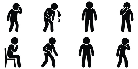 Stickman health and illness icons showing person with pain, headache, fatigue, coughing, and weakness in medical silhouette design