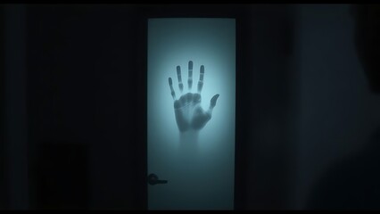 Eerie Handprint: A haunting handprint pressed against a dimly lit glass door, casting an ominous atmosphere that hints at a thrilling narrative.