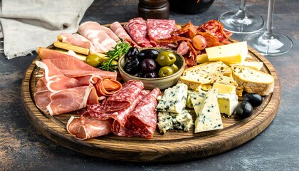 Gourmet charcuterie board with assorted meats, cheeses, olives, and bread