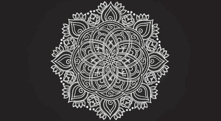 Elegant white mandala design on black background for spiritual wellness branding, inspiring meditation and yoga practices, promoting peace and harmony