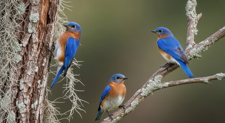 Obraz premium Three Eastern Bluebirds perched on lichen covered branches in soft forest light