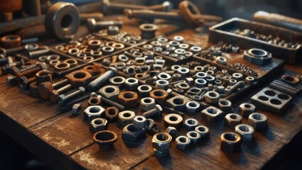 Assorted nuts and bolts on a workbench
