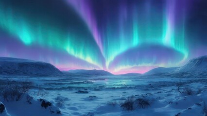 Aurora borealis over snowy landscape