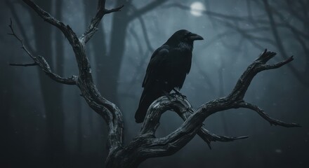 A raven perched on a gnarled, dead branch in a misty, dark forest.