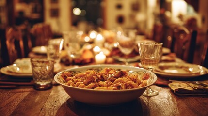 Warm Pasta Dinner, Festive Table Setting, Cozy Interior