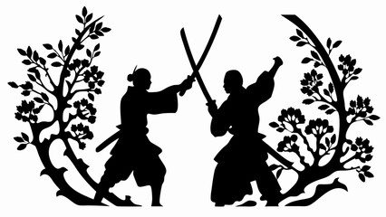 Naklejka premium Silhouette of two samurai warriors engaged in a sword fight framed by flowering trees in black and white | editable eps vectors