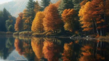 Autumnal forest reflected in a calm lake