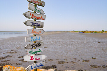 Colorful wooden travel direction signs by the sea. Rustic wooden signpost with painted destinations pointing towards the beach horizon, wanderlust concept