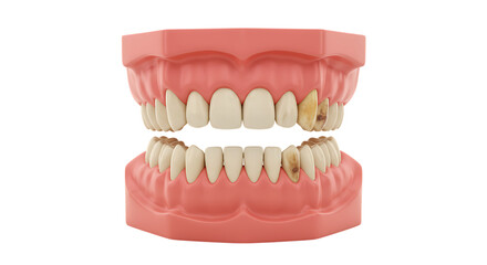 Obraz premium Realistic dental model displaying healthy and decayed teeth in both upper and lower jaws isolated on white background