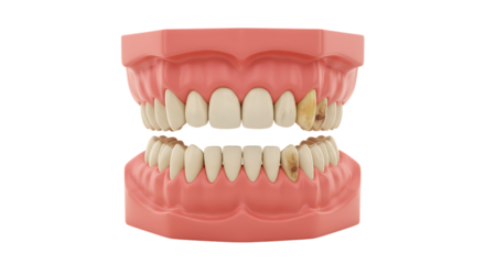 Realistic dental model displaying healthy and decayed teeth in both upper and lower jaws isolated on white background