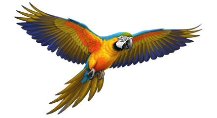 Obraz premium Isolated Gold and Blue Macaw Parrot Flying, a Vibrant Tropical Bird with Wide Wingspan
