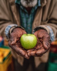 Weathered Hands Offering a Fresh Green Apple, Symbol of Health and Sustenance