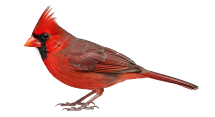 Isolated Cardinal perched with vibrant feathers showcasing a stunning red plumage pattern
