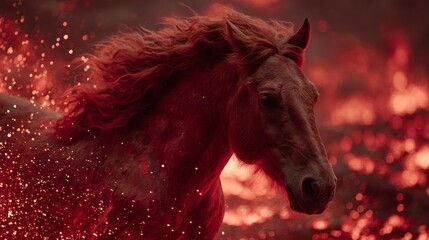 A horse with a fiery mane and tail is running through a fiery landscape