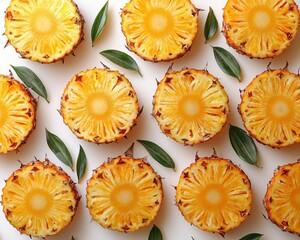 Pineapple slices arranged on white background