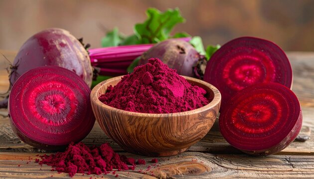Fresh beetroots with green leafy tops on rustic wooden surface, sliced to reveal red-purple concentric rings, wooden bowl filled with finely ground beetroot powder, natural organic setting, vibrant nu