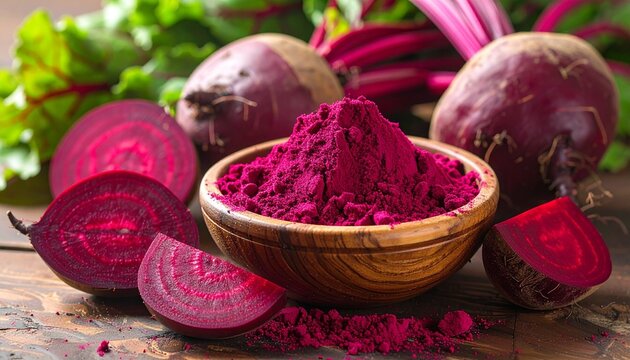 Fresh beetroots with green leafy tops on rustic wooden surface, sliced to reveal red-purple concentric rings, wooden bowl filled with finely ground beetroot powder, natural organic setting, vibrant nu
