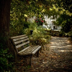 Weathered Park Bench Beside Tree in Autumnal Setting