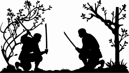 Silhouette of two samurai warriors kneeling facing each other with swords under trees in a duel scene | editable eps vectors