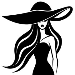 Elegant woman with wide brim hat and flowing hair silhouette
