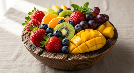 Fresh Assorted Fruits in a Rustic Wooden Bowl with Mint Garnish image photo